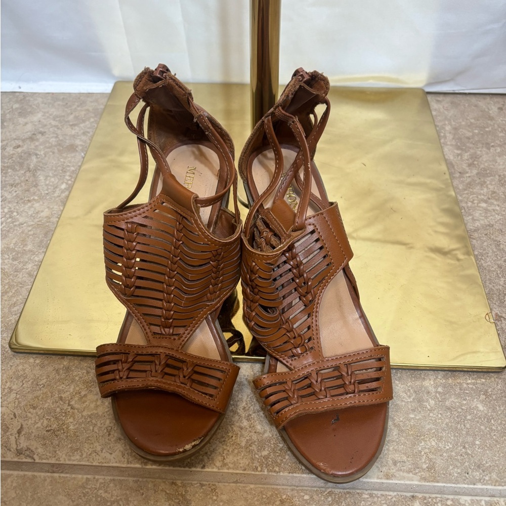 Merona Brown Woven Strappy‎ Sandals Block Heel Boho Shoes Women’s